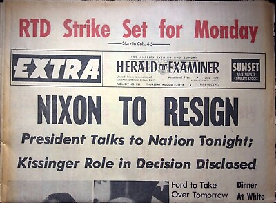 #ad PRESIDENT NIXON TO RESIGN HERALD T EXAMINER NEWSPAPER AUGUST 8 1974 $15.00
