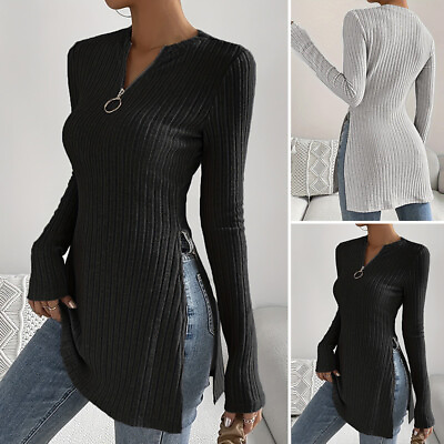 #ad S 5XL Women Zipper Long Sleeve Knitted Jumper Casual Side Split Shirt Blouse $21.84