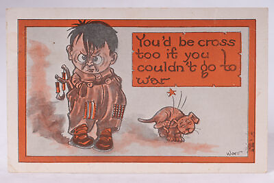 #ad WWI Domestic War Propaganda Postcard Comedy Cartoon Child Silingshot Go To War $25.17