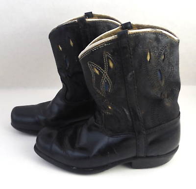 #ad Distressed Leather 1950#x27;s Vintage Kids Cowboy Boots size 4 5 Black USA $44.95