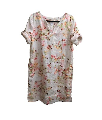 #ad J Jill Love Linen Floral Short Sleeve V Neck Dress Pockets Pink Cream Large Tall $34.95