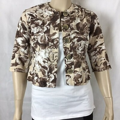 #ad Coldwater Creek Jacket Size P12 Brown Floral Print Half Sleeves $14.99