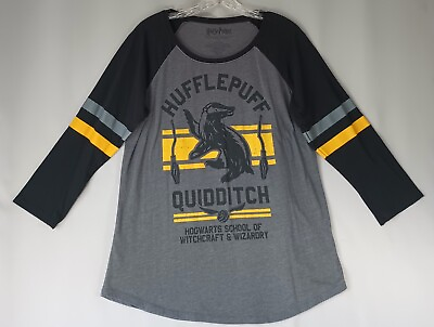 #ad Harry Potter Hufflepuff Crest Quidditch Varsity T Shirt Large Half Sleeve XLNT $5.95