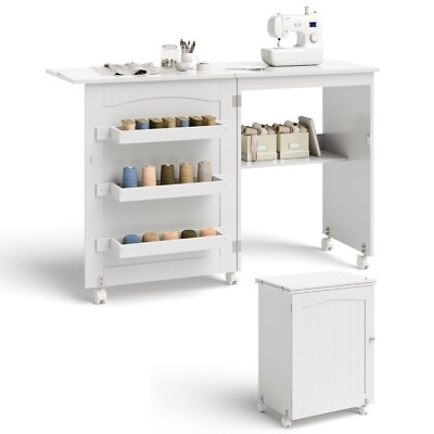 #ad Swivel Folding Sewing Craft Stand Table 4 Storage Shelf Cabinet Desk Workstation $108.97