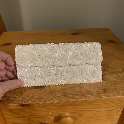 #ad Vintage White Pearl Beaded Evening Bag Purse Clutch Handmade in Hong Kong $19.53