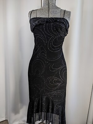 #ad Vintage Byer Too Black Silk Like Dress Covered With Rhinestones Designs Size S $59.00