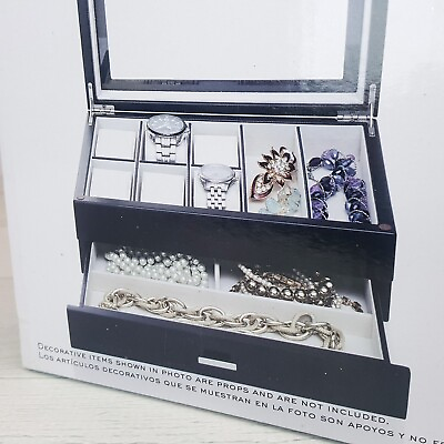 #ad Glass Top Watch Box 8 Slots 6 Watch Pillows 1 Drawers Black w Beige Lining NEW $29.99