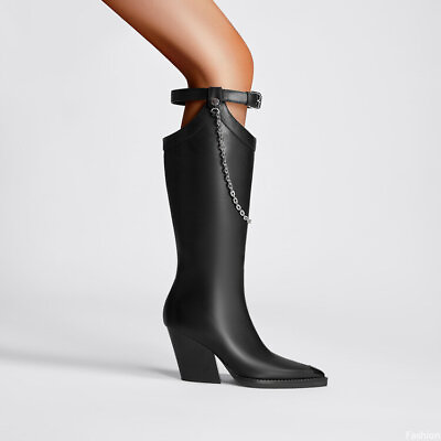 #ad Womens PU Leather Pointed Toe Mid Block Heels Pull on Metal Decor Knee High Boot $136.07