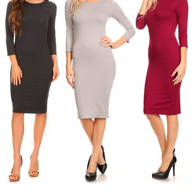 #ad Women Cocktail Bodycon Dress Casual Party Long Sleeve Stretch Pencil Midi S M L $12.41