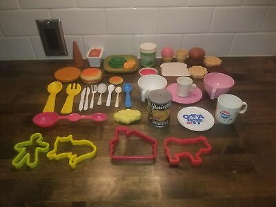 #ad KITCHEN PLAY FOOD 40 PIECES PRESCHOOL DISH RACK PLAY FOOD DISHES CUPS $18.00
