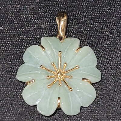 #ad 14k GOLD CARVED CHINESE GREEN JADE SPRING FLOWER BLOSSOM PENDANT 7.2g $242.89