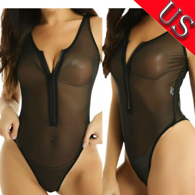 #ad US Womens Mesh See Through Zipper Bodysuit High Cut Thong Leotard Teddy Lingerie $7.43
