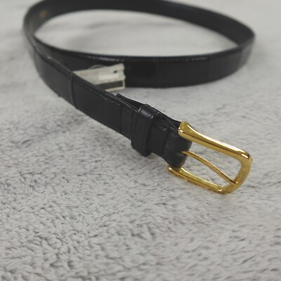 #ad Vintage Eelskin Leather Belt Mens 34 Black Gold Tone Buckle 1 inch Dress $25.39