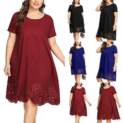#ad Plus Size Fashion Women Short Sleeve Dress V Neck Loose Casual Knee Length Dress $22.30