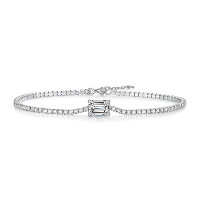#ad 1CT 925 Silver Emerald Cut Moissanite Chain Bracelet Women Pass Diamond Tester $34.90