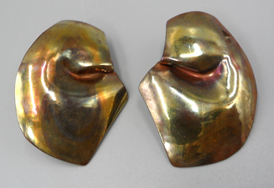 #ad Jon Signed Earrings Modernist Hanky Shapes Flame Painted Brass Copper 1.75quot; $29.95