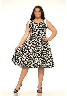 #ad 60#x27;s Vintage Pinup Black White Bow Print Party Flare Dress plus size $35.95