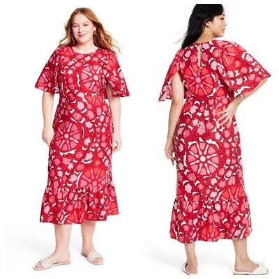 #ad #ad Rhode For Target Zinnia Floral Midi Dress Womens Sz 18 Linen Blend Short Sleeve $18.00