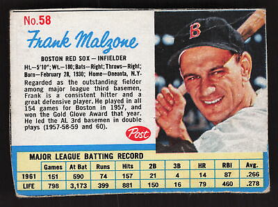 #ad Frank Malzone 1962 Post Cereal #58 Boston Red Sox Handcut VG CR ST 0507 $3.49