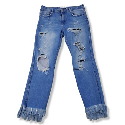 #ad Zara Jeans Size 6 Trafaluc Denim Makers Jeans Distressed Destroyed Frayed Hem $33.99