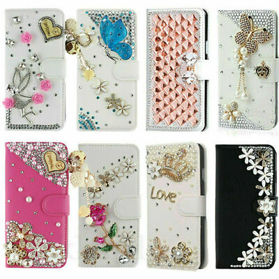 #ad Luxury PU Leather Flower Card Case Wallet Rhinestone Bling Diamonds Phone Cover $10.66