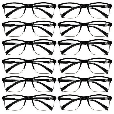 #ad 12 Pack Mens Unisex Half Frame Square Reading Glasses Black Spring Hinge Readers $19.99