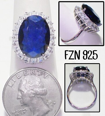 #ad Signed FNZ 925 Sterling Silver Sapphire Blue Crystal Ring Baguette Accents 8 $35.89