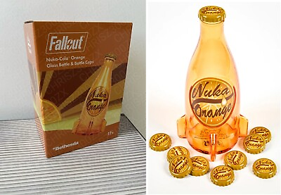 #ad Fallout Nuka Cola Orange Glass Bottle 10 Bottle Caps Tin Rocket Statue Figure $11.90