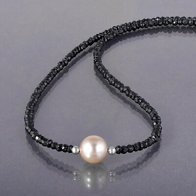 #ad Bright Black Spinel Natural Freshwater Pearl 18quot; Beads Sterling Silver Necklace $40.10