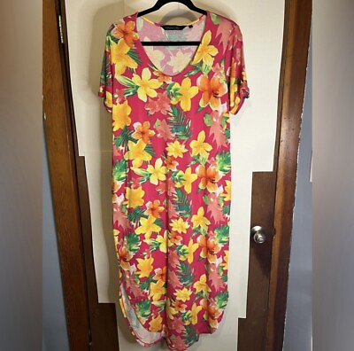#ad Colleen Lopez Women’s Sz MP Bright Pink Tropical Stretch Rayon Maxi TShirt Dress $16.00