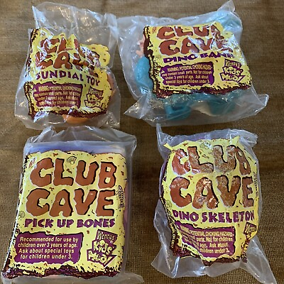#ad Wendy#x27;s 1996 Club Cave Dinosaur Dino Bank Pick Up Bones Kids Meal Set Of 4 New $19.00