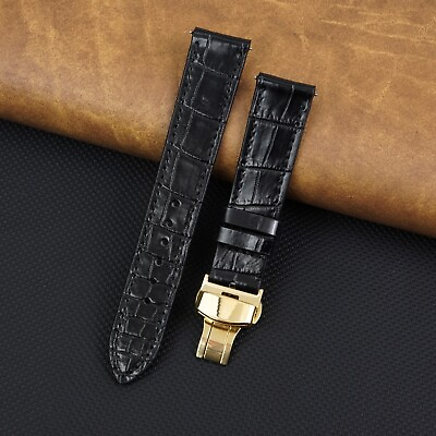 #ad 20mm Black Alligator Watch Band Gold Deployment Clasp Flat Crocodile Watch Strap $24.50