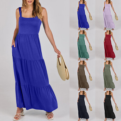 #ad Women Sleeveless A Line Solid Pleated Tank Dress Ladies Strapless Sundress Beach $31.05