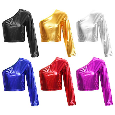 #ad Metallic Kids Crop Top Shiny Metallic T shirt One Shoulder Metallic Crop Top $8.92