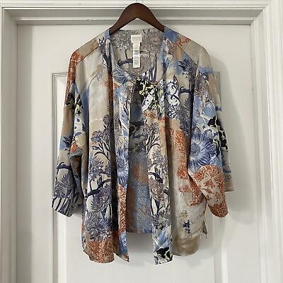 #ad Chico#x27;s Womens Pattern Shirt Top 3 XL Floral Print Satin Blouse Shirt $16.99