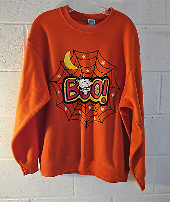 #ad Vintage 90s Snoopy Boo Halloween Spider Web Moon Orange Large Sweatshirt $42.99