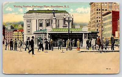 #ad Providence RI Exchange Place Trolley Waiting Station Man on Bicycle c1912 PC $9.00