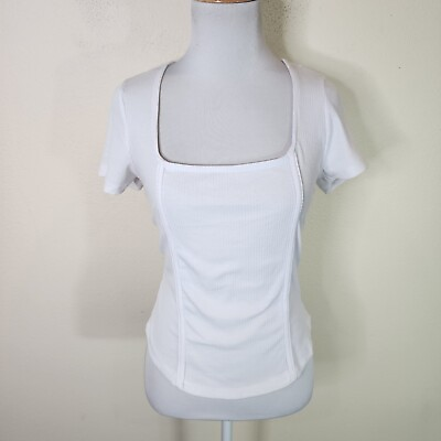 #ad better together Women#x27;s Ribbed Short Sleeve Fitted Shirt Size Large L White $4.50