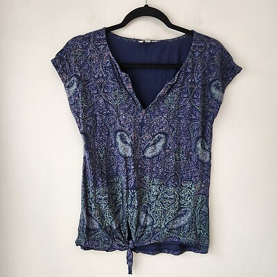 #ad Lucky Brand Paisley Blue Purple Bohemian Peasant Blouse Top Short Sleeve Size S $19.99