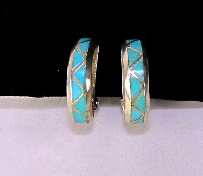 #ad Vintage Artisan Clip On Earrings Sterling Silver Southwestern Turquoise Inlay $47.00
