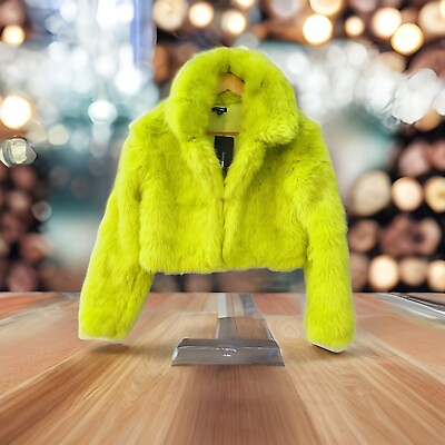 #ad NWT Fashion NOVA Faux Fur Lime Green Coat Medium $30.00