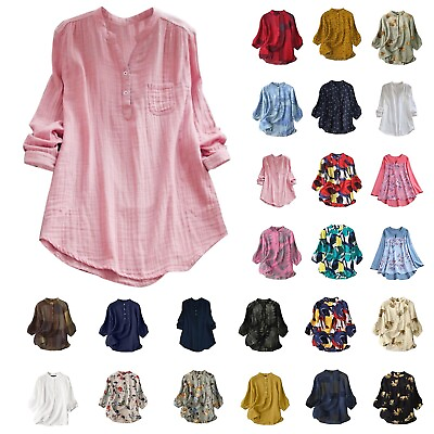 #ad Plus Size Women Button Down Shirt Long Sleeve Cottton Linen Casual Loose Blouse $18.59