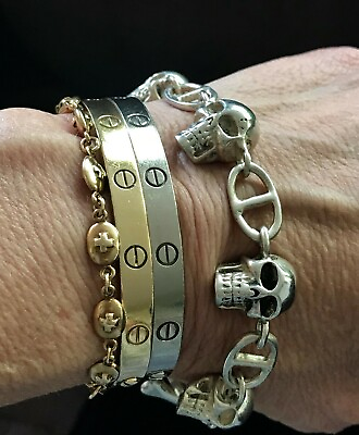 #ad Beautiful #x27;Day of the Deadquot; Themed quot;Skull amp; Bonequot; Solid Silver Bracelet 79 GRAMS $395.00