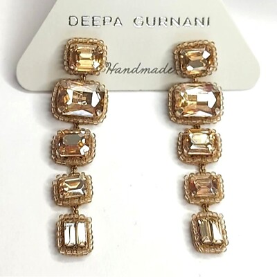 #ad Deepa Gurnani Earrings Crystal Gold Cushion Linear Drop Dangling Cocktail $70.00