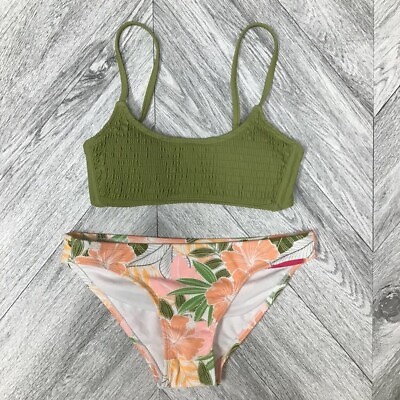 #ad Xhilaration Womens Bikini Swimsuit Set Green Floral Smocked Adjustable M New $13.59