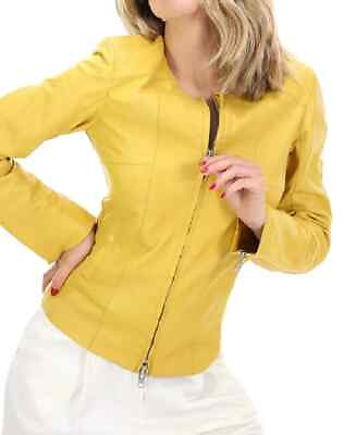 #ad Yellow Womens Leather Jacket Genuine Lambskin Motorcycle Handmade Stylish Casual $138.75