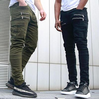 #ad New Men Slim cargo pants Casual Multiple pockets Long Trousers Zipper Solid pant $26.41