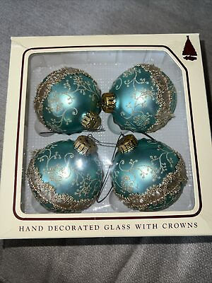 #ad Christmas by Krebs Vintage Glass Mint Green Gold Ornaments with box. Set of 4 $20.99
