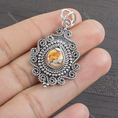 #ad Birthday Gift For Her Natural Orange Spiny Copper Turquoise Pendant 925 Silver $13.95
