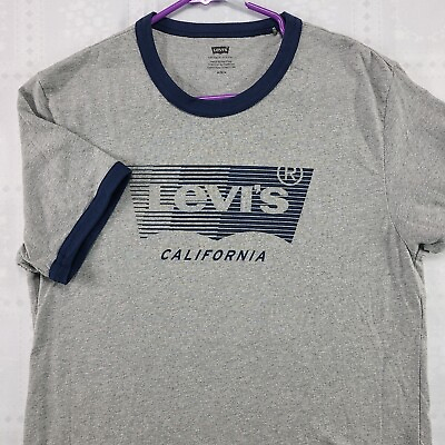 #ad Levis California Mens Graphic T Shirt Gray with Blue Ringer M Medium NWOT #H33 $13.30